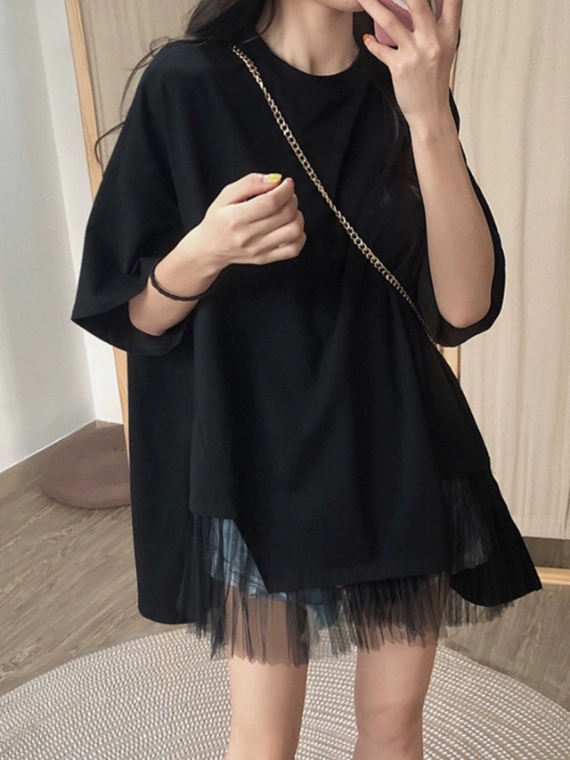 チュール アシメ 半袖 Tシャツ レディース トップス カットソー プルオーバー 丈長 ミディアム ラウンドネック 襟なし アシンメトリー 切り替え レース 透け感 シースルー 切り替えデザイン 異素材ミックス かわいい 大人可愛い カジュアル おしゃれ 主役級 存在感 無地 春 夏 秋 ママ 通勤 学生 学校 通学 デート お出かけ 旅行 公園 女子会 休日 ショッピング カフェ 楽ちん 体型カバー 普段使い 着回し L XL 2XL 3XL 4XL 大きいサイズ ゆったり 白 ホワイト 黒 ブラック