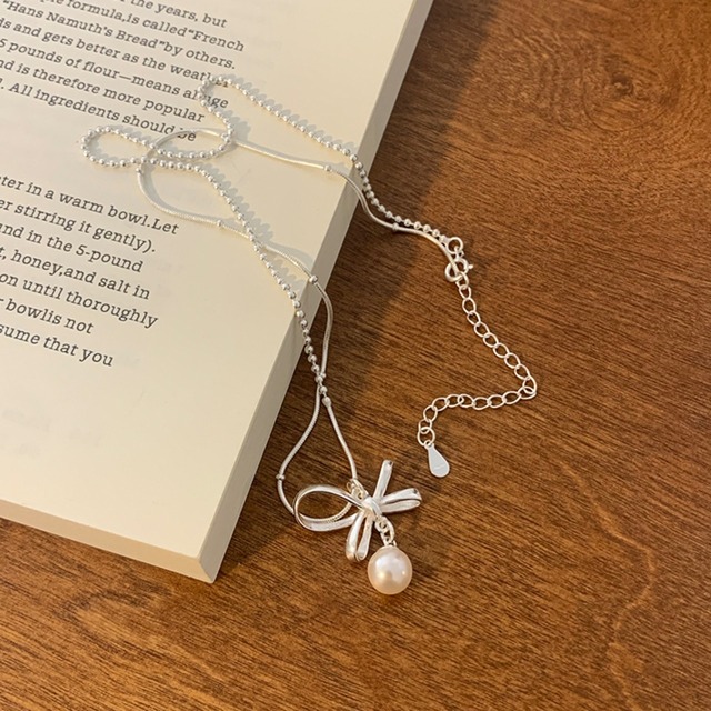 Weiwan925シルバー真珠リボンネックレス