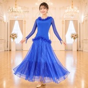 社交ダンス 衣装 ドレス ワンピース スタンダード ブルー系 青 無地 レース フリル 軽い 薄い ダンス パーティ 発表会 伸縮 華やか エレガント 上品 ふんわり ダンス衣装 舞台衣装