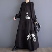 フラワー刺繍 Aライン ロングワンピース 00017