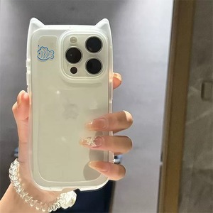 猫耳 iPhone17 Pro Maxケース ねこみみ おさかな iPhone17 Proケース 魚 イラスト iPhone16 15Pro保護ケース ワンポイント クリアケース iPhone14 13Pro Maxケース 猫モチーフ かわいい 透明 背面保護 持ちやすい 傷防止 カメラ保護 韓国 おしゃれ レディース ホワイト クリア