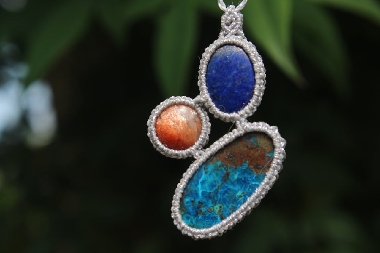 Chrysocolla malachite & Sunstone & Lapis lazuli micro macrame pendant