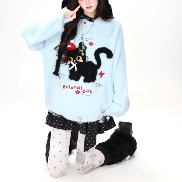 襟付きブラックキャットリボングラフィックニット(2カラー)(lli_7279)