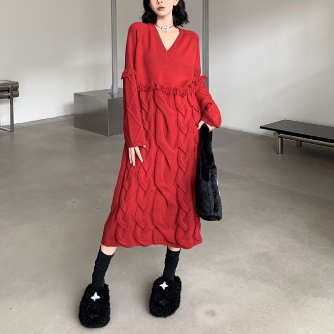 SOLID V-NECK MIDI PULLOVER KNIT DRESS 2colors M-15520