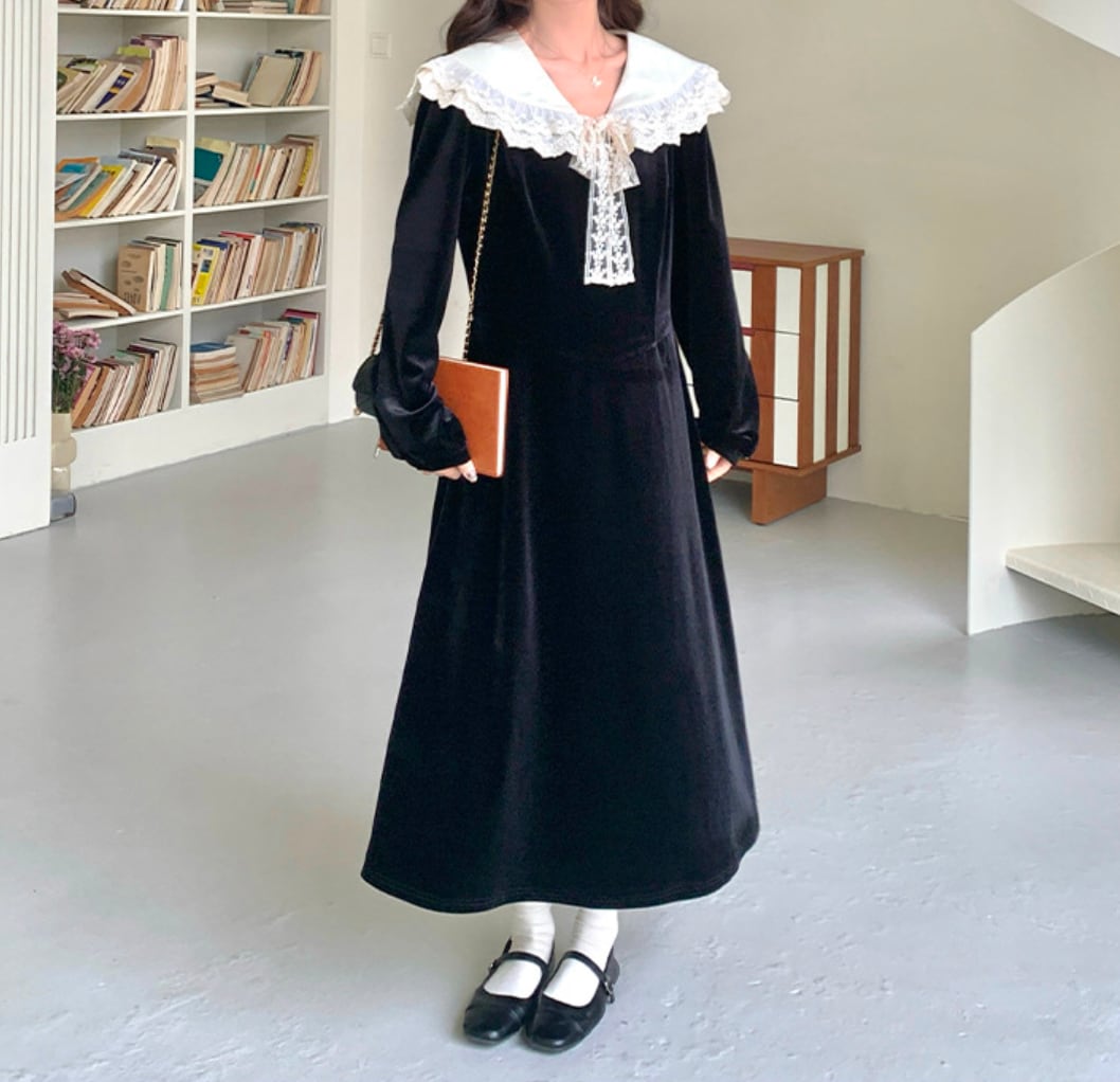 150cm〜 フレンチフリルネックベルベットドレス
