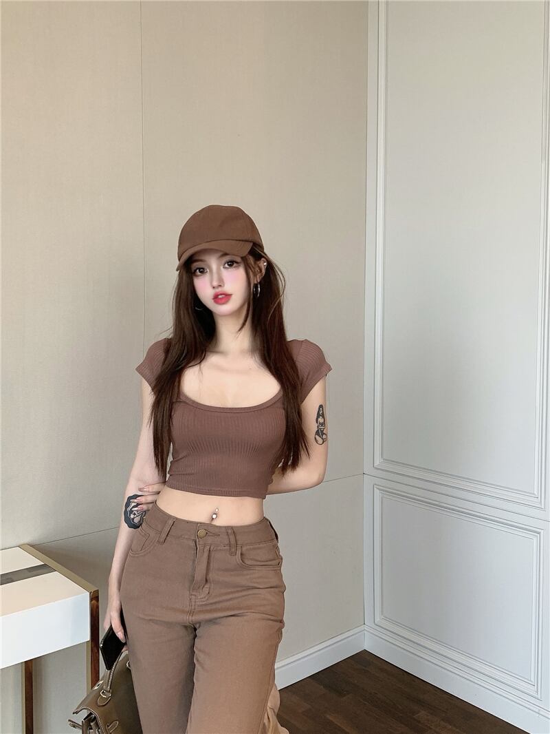 Tシャツ ショートカラートップス サマー 夏物 ピュア スクウェア ヨーロピアン ブラックストロベリース53133750869