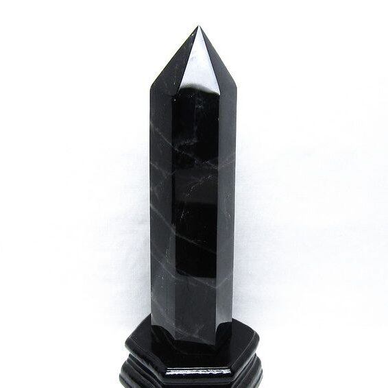 1.1Kg モリオン 六角柱 黒水晶 ポイント 置物 一点物 台座付属 152-4310