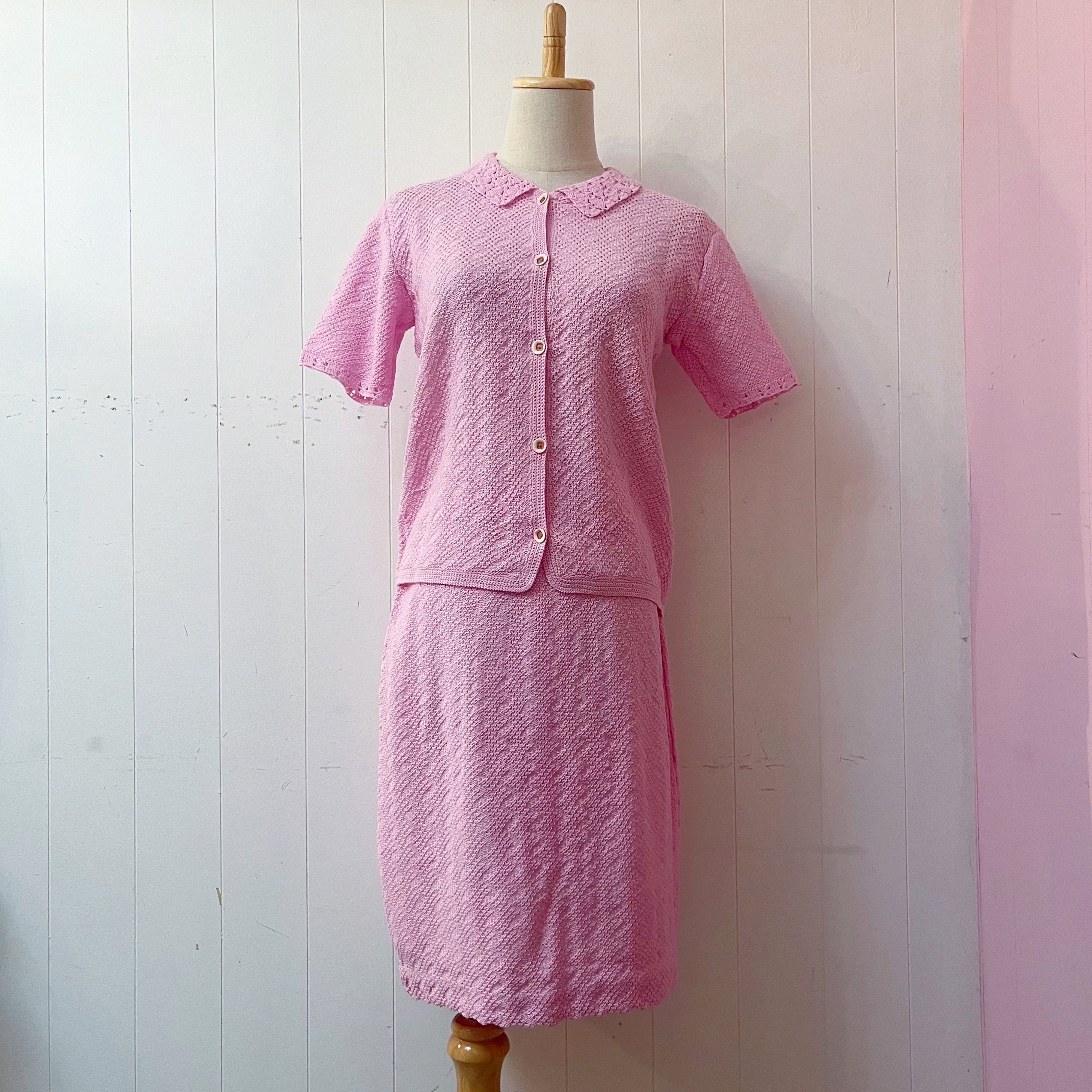 carnation pink hand knit set up
