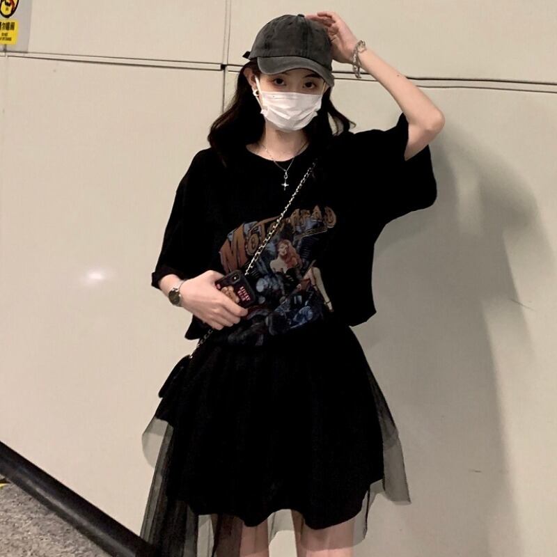 サマースタイルプリントTシャツ ハイウェストウェストメッシュスカート レディース 夏物 YY-ファッション59531447224