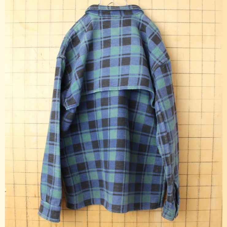 70s カナダ ヘビーフランネルチェックシャツ XL ブルー グリーン ss36