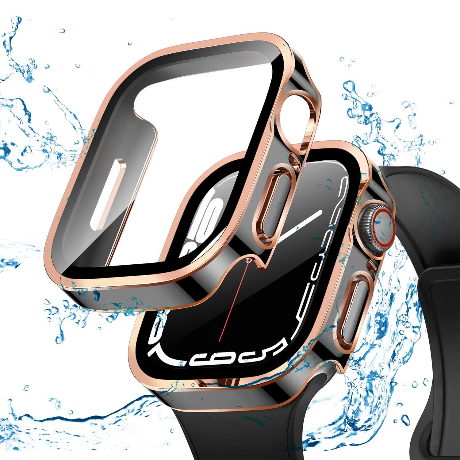 【人気】for Apple Watch ケース 対応 IP68完全防水 バンド 水泳・スポーツ専用 防水ケース 3D直角エッジデザイン Apple Watch Series11/10 46mm対応 光沢のブラック&ローズゴールド