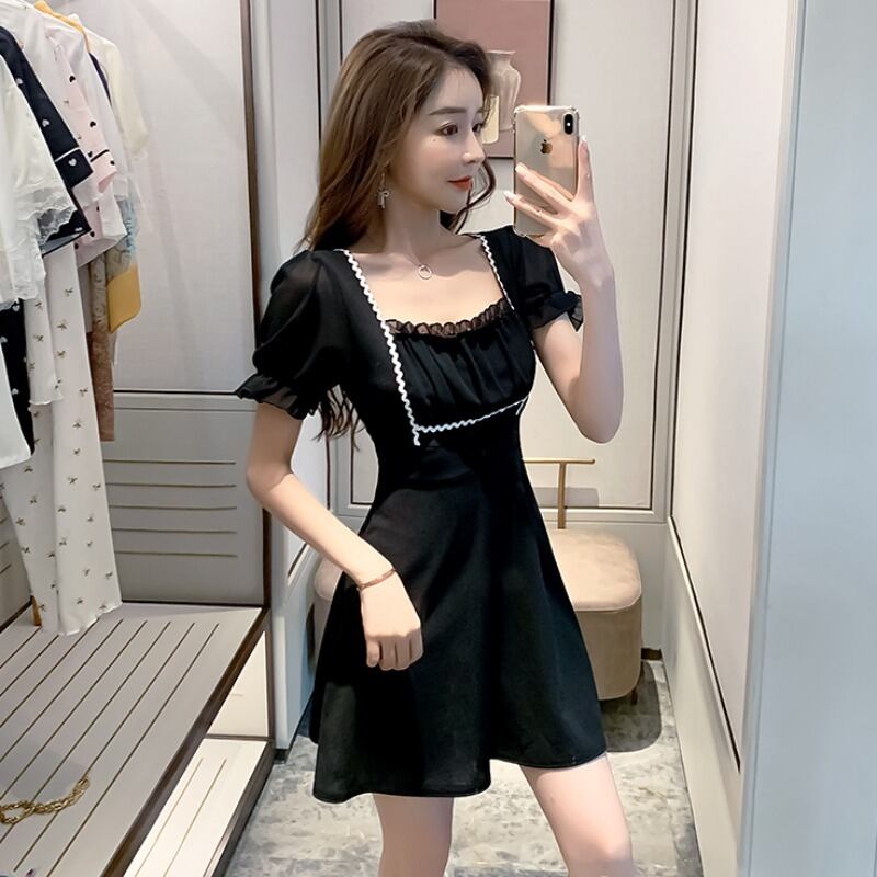 スリーブドレス 半袖Aラインスリムスカート ショート ハーフスリーブ スクウェア ハンチェンe5556957693