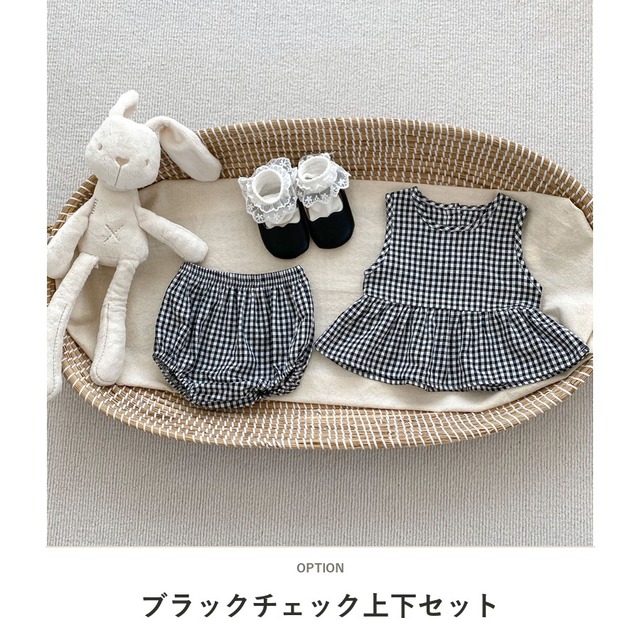 【セット】チェック花刺繍ノースリーブブラウスブルマセットアップ - 2