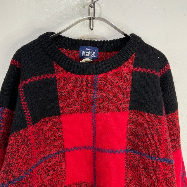 80s Woolrich チェック柄セーター ウールニット ブラック レッド L