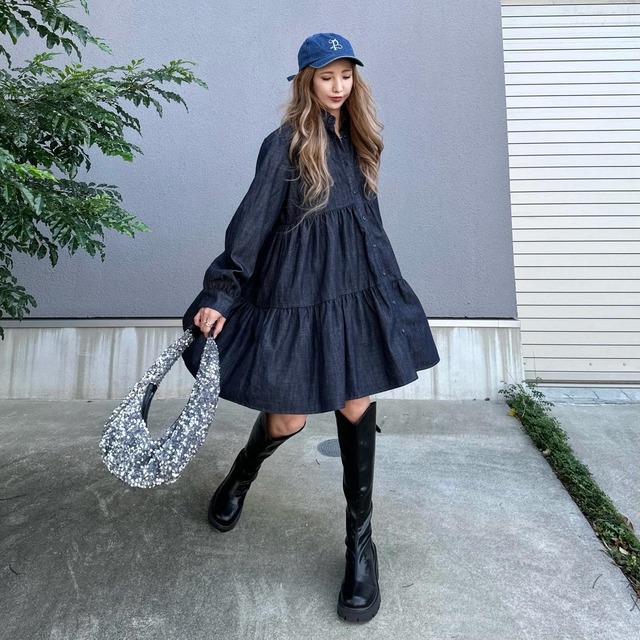 Denim gather  shirt middle OP／Indigo