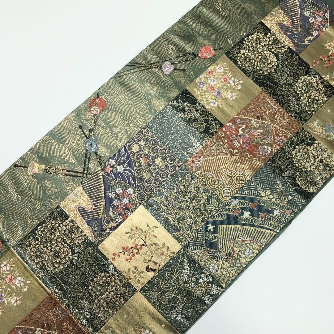 袋帯 九百錦 古典市松模様 花柄 鳥 金銀糸 島松鼠色 O-2045 袋帯 九百錦 古典市松模様 花柄 鳥 金銀糸 島松鼠色 O-2045