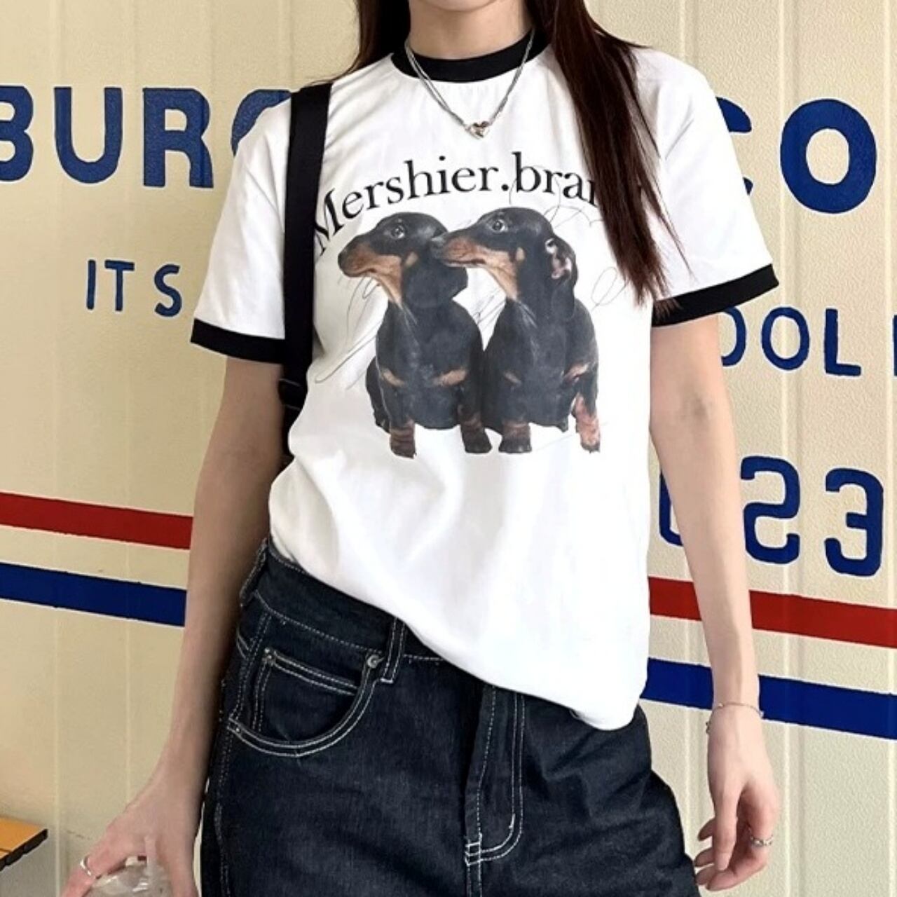 ダックスフントグラフィックリンガーTシャツ 2col R02294