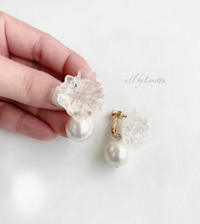 Crystal flower pearl pierce/earring