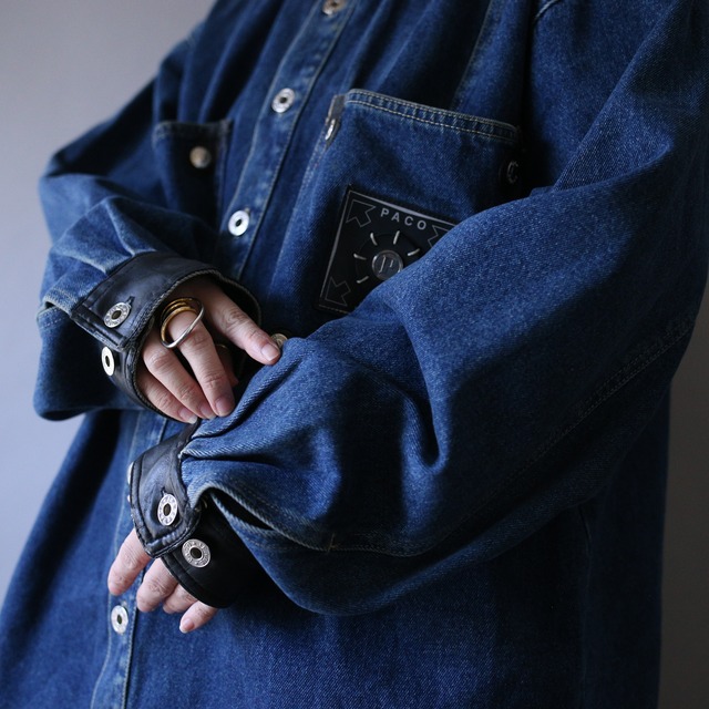 fake leather switching design over silhouette denim jacket