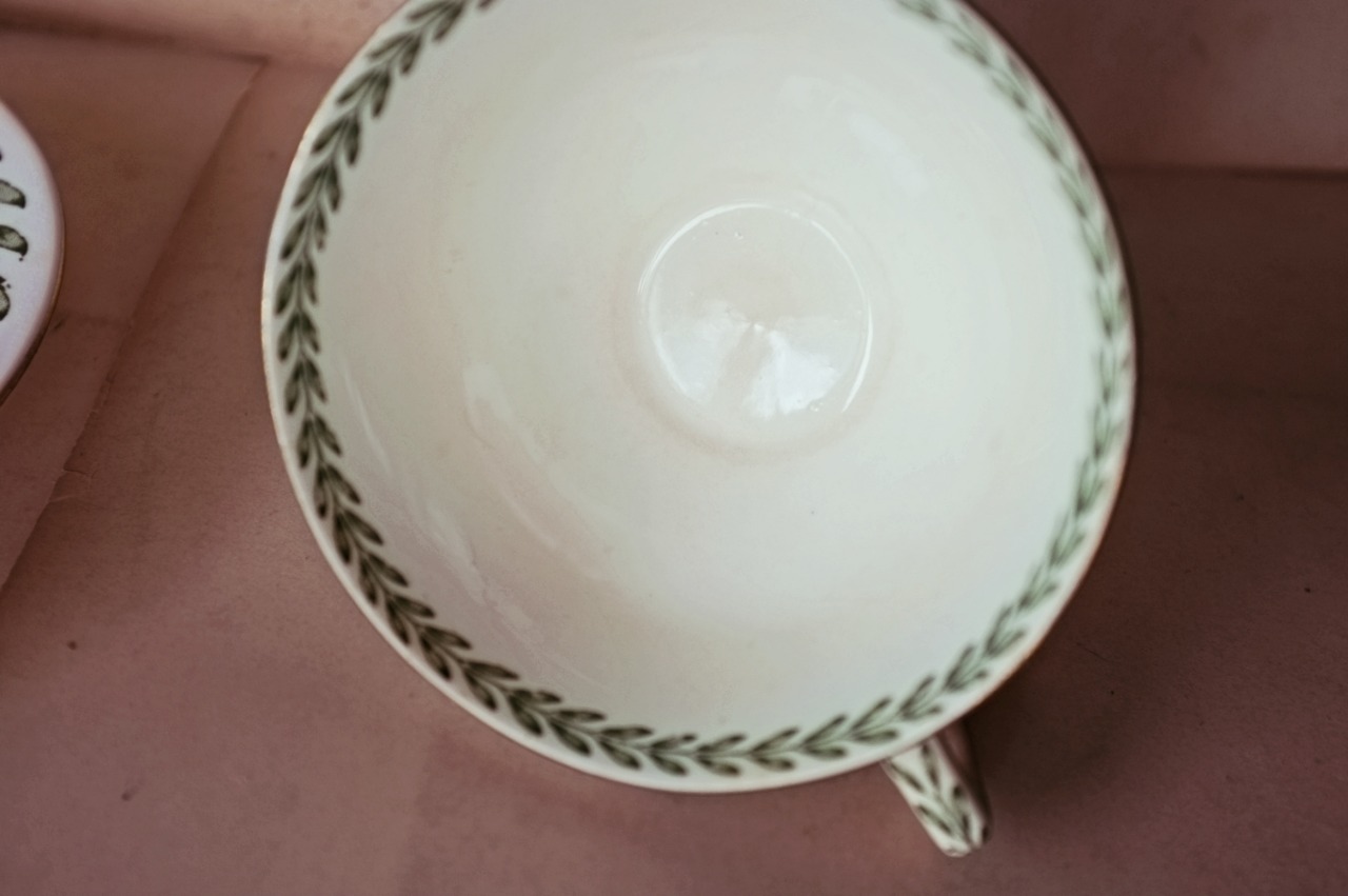 SARREGUEMINES  緑のガーランドと永遠の緑と カップアンドソーサー フランス アンティーク