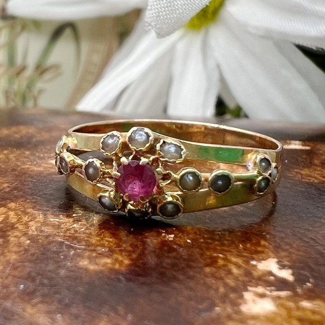 フランス アンティーク リング K18 ルビー パール 1900年頃 ベルエポック 鷲の頭 DR00579