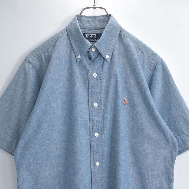 90～00s Polo by Ralph Lauren ポロラルフローレン シャンブレー ポニー刺繍 半袖 ボタンダウン シャツ トップス ブルー ヴィンテージ ビンテージ 古着 メンズM相当