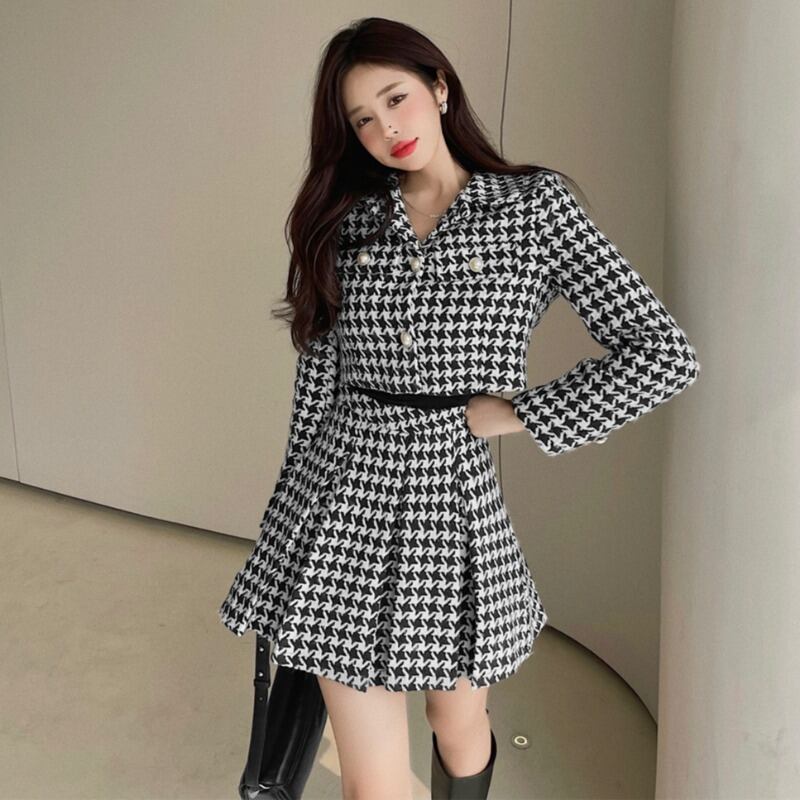 スタンダードショートジャケット プリーツスカート オータムウィンター レトロ 秋物 冬物 ハンチェンe48881451155