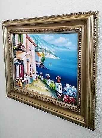 矢田晃「オンフルール湖のカフェ通り 」 油彩画 額縁外寸55.5x46.5x5