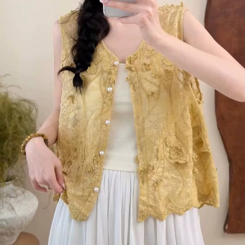 2色/花柄刺繍レース前開きノースリーブベスト ・11929