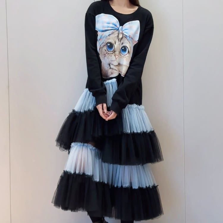 大きな猫プリント×チュール切替ロングワンピース◆2col R30104