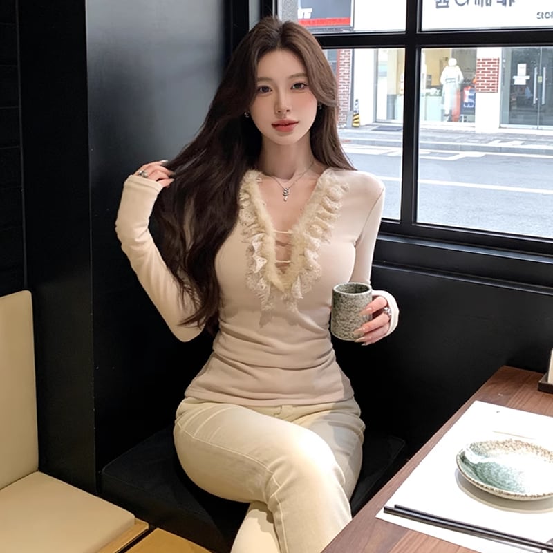 【tops】Vネックレースファードッキングトップス Q7625