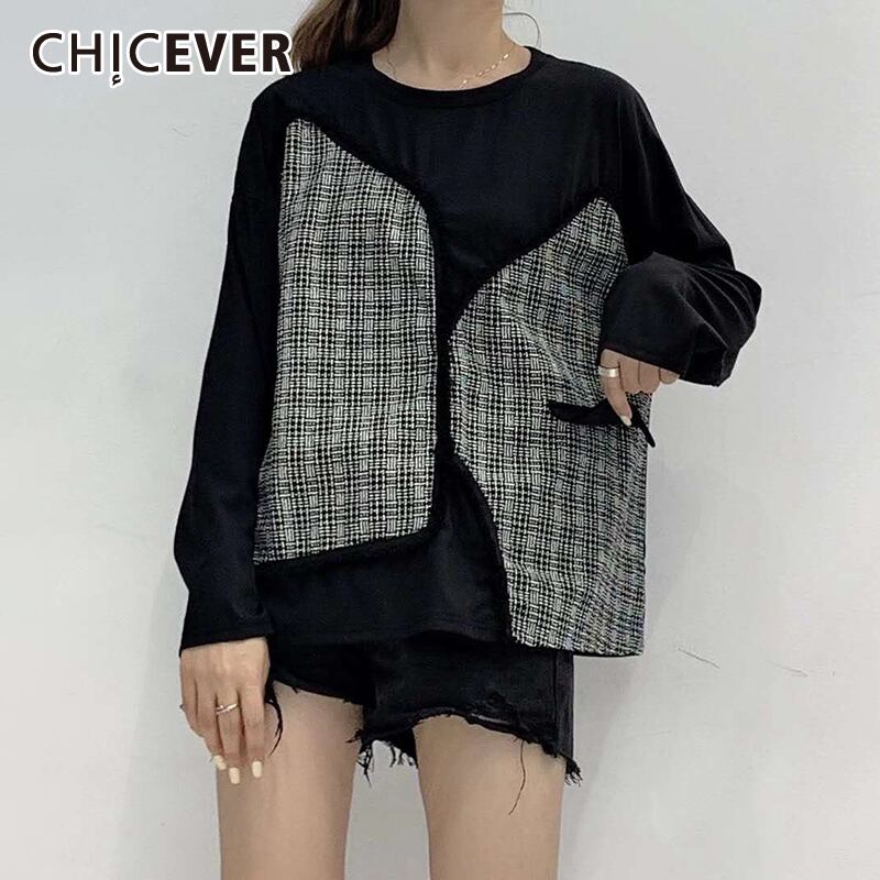CHICEVERパッチワークTシャツレディースOネック長袖チェック柄ヒットカラーニットTシャツ2020服 ロング 6base555107647590