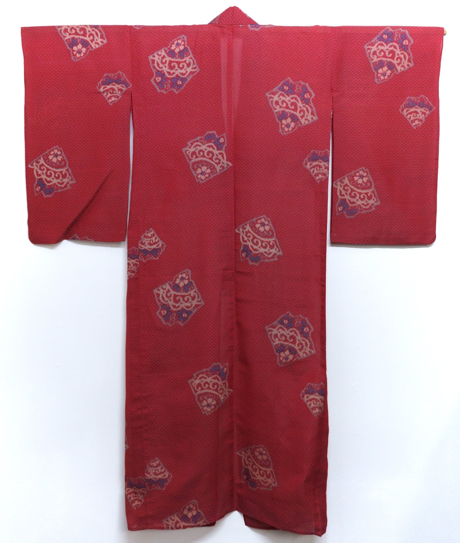 夏着物 紬 正絹 地紙紋 antique kimono A-0786