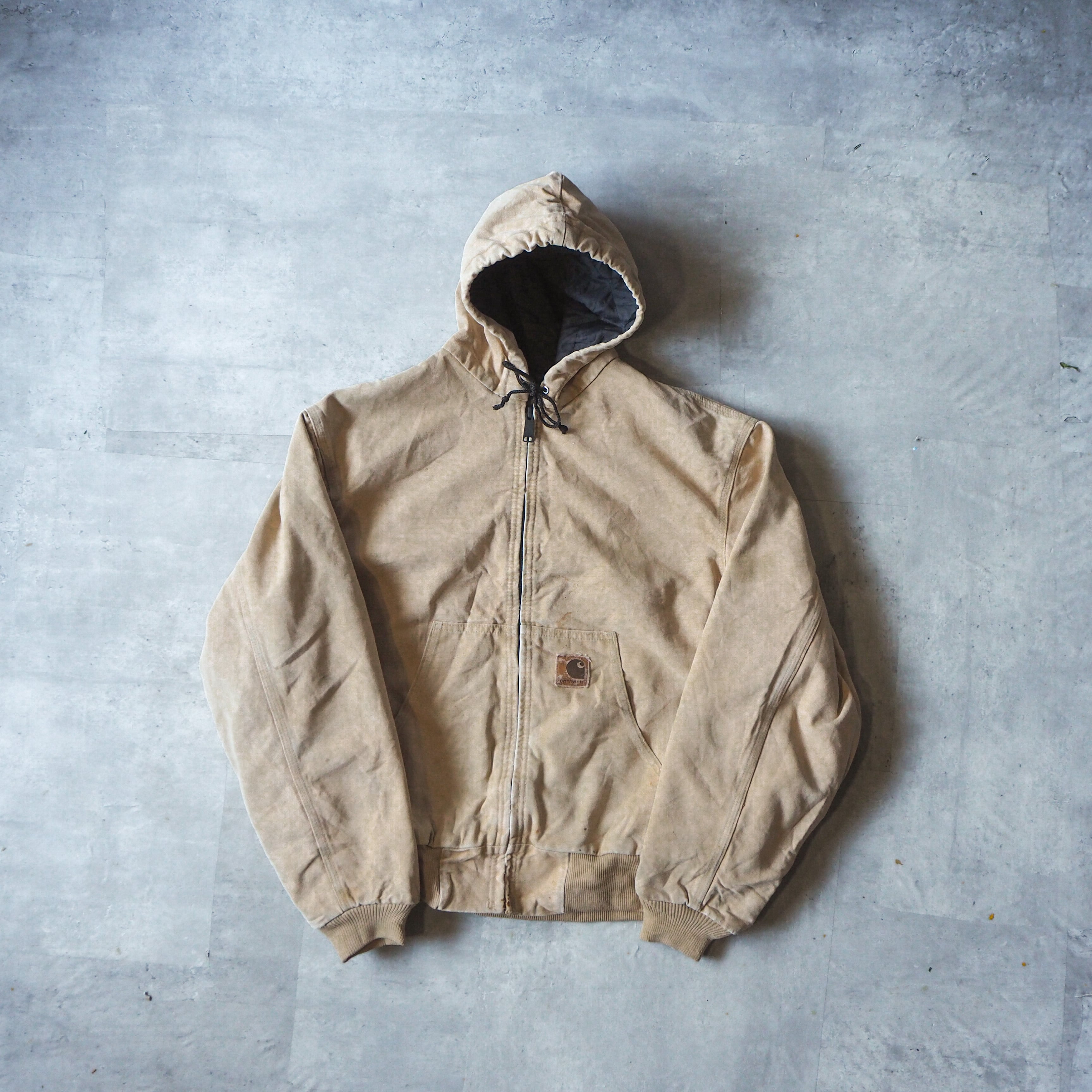 80s-90s “carhartt” crafted with pride in the USAタグ beige color active  jacket L 90年代 カーハート アクティブジャケット キャメル ベージュ usa製 made in USA ジップパーカー anti  knovum（アンタイノーム）