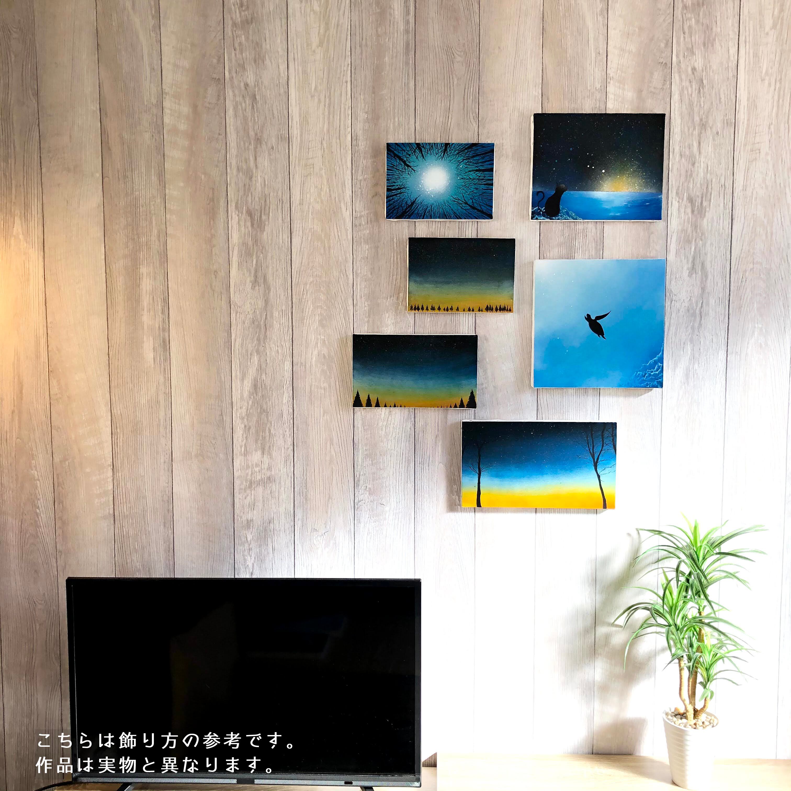 良い予感」 原画 朝焼け×海×黒猫 青 絵画 キャンバス 風景画 スプレー