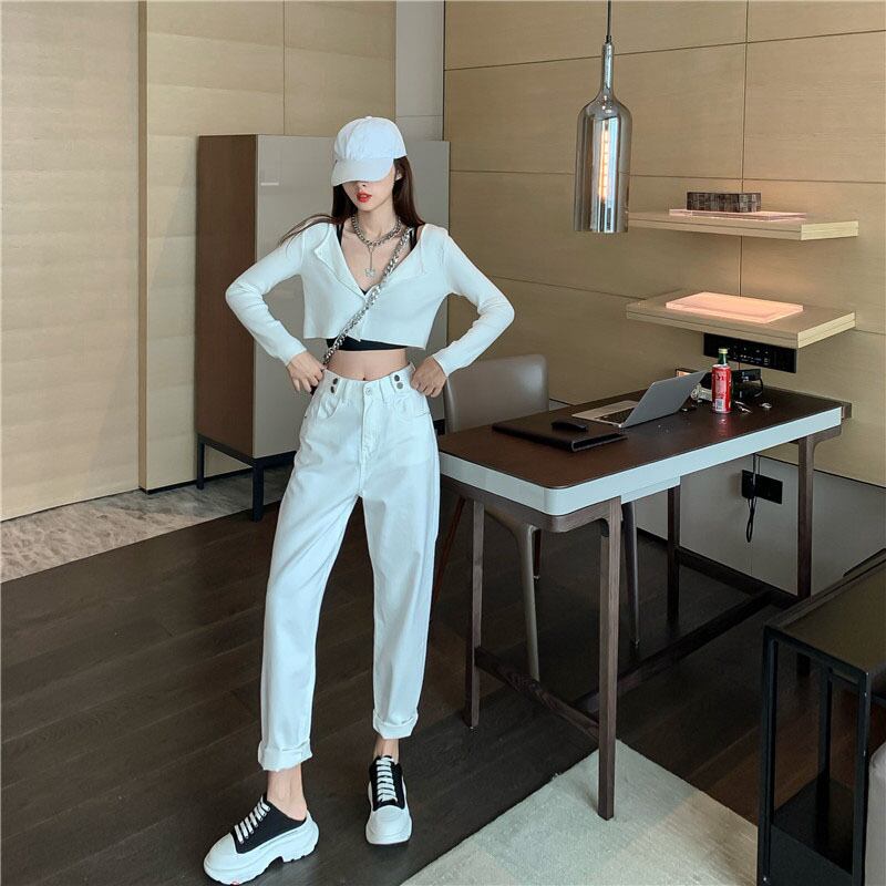 ホワイトハイウエストストレートパパパンツレディース秋ルーズ&シンハーランパンツ2020新作薄デニムパンツ ブラックストロベリース21440864431