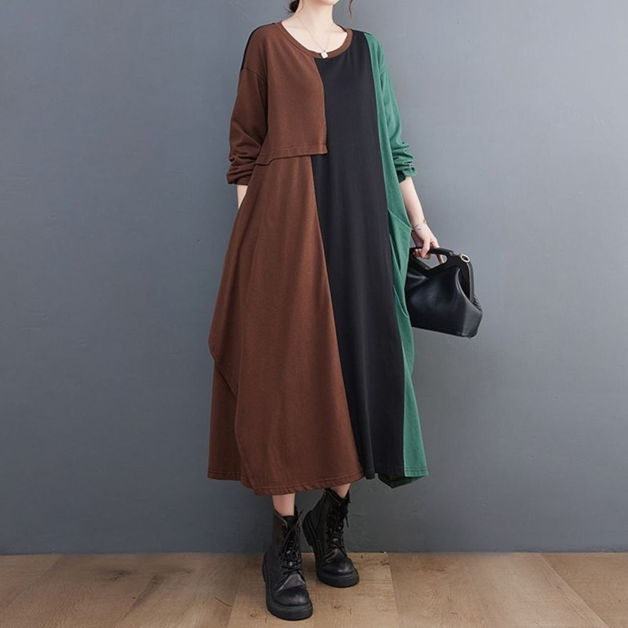 ラウンドネック コントラストカラー ドレス 00002