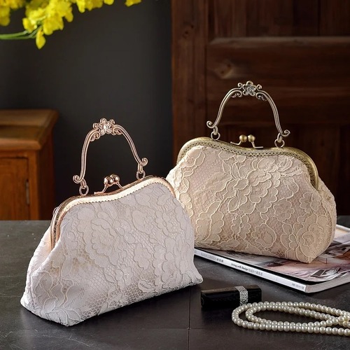 アンティークサテン柄バッグ［Black,White,Apricot］