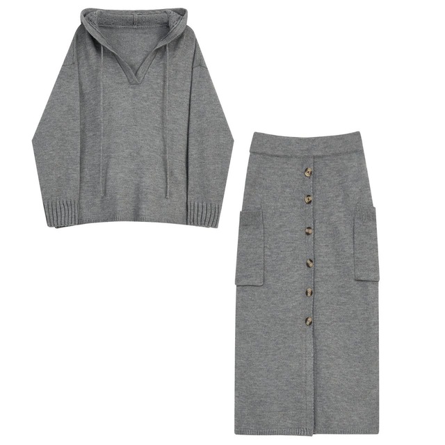 Loose Knit Parker + Front Button Knit Skirt【00277】