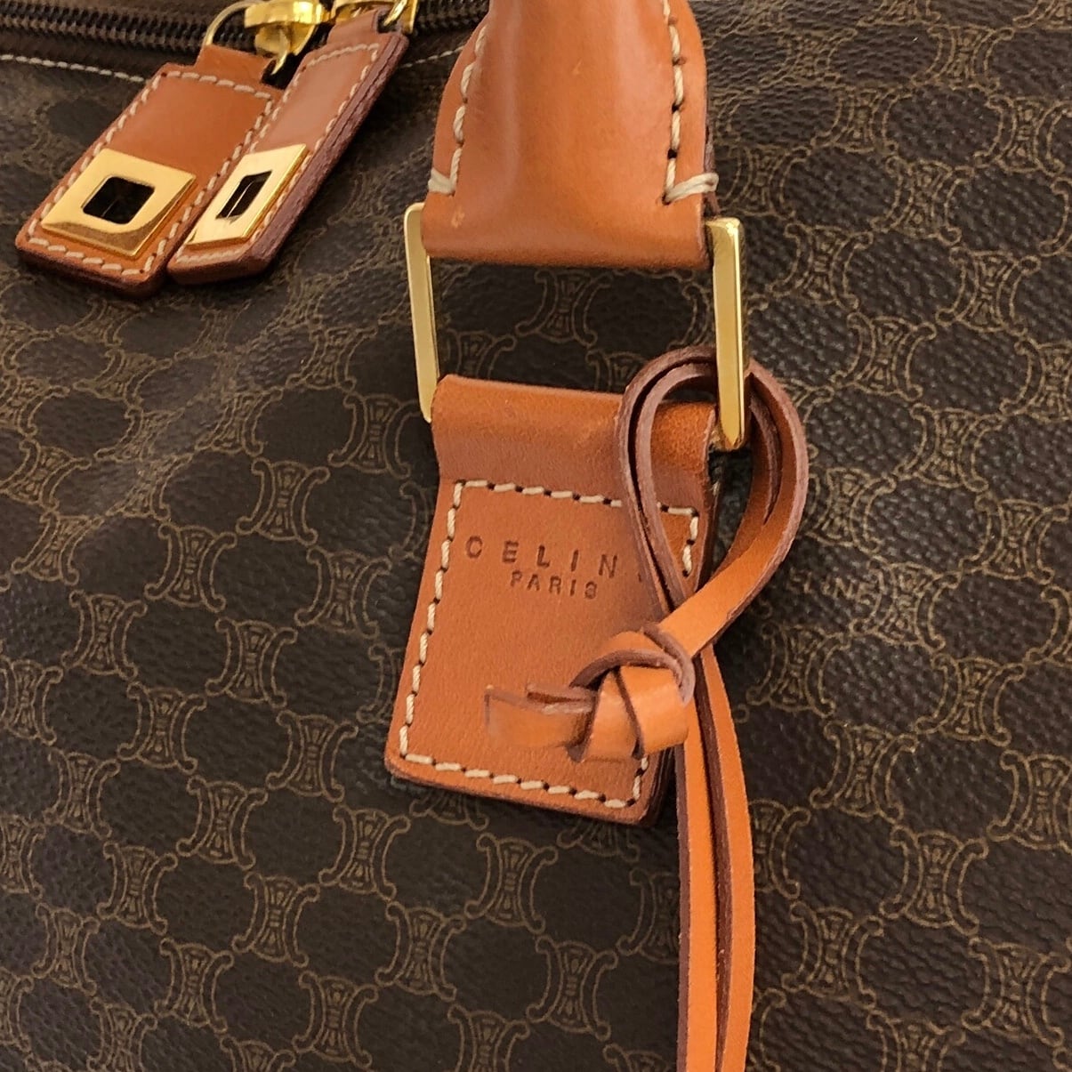 CELINE セリーヌ マカダム ハンドバッグ ブラウン PVC レザー ボストン