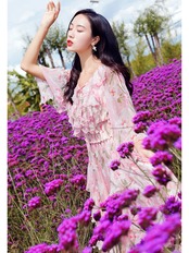 【0062】Pink Flower Chiffon Frill Short Sleeve Dress