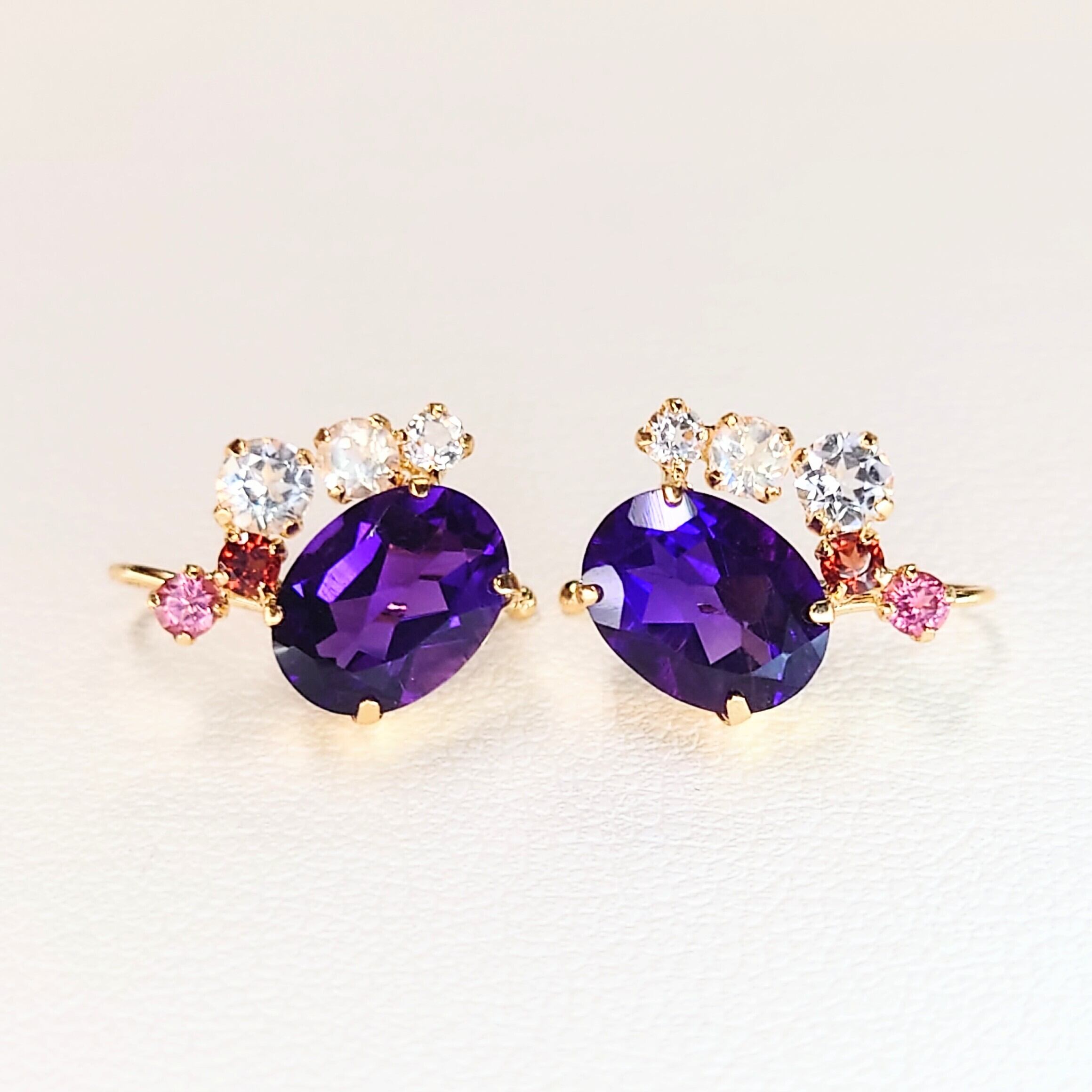 K18 イヤーカフ/ピアス Amethyst/Pink Tourmaline/Garnet/White Topaz