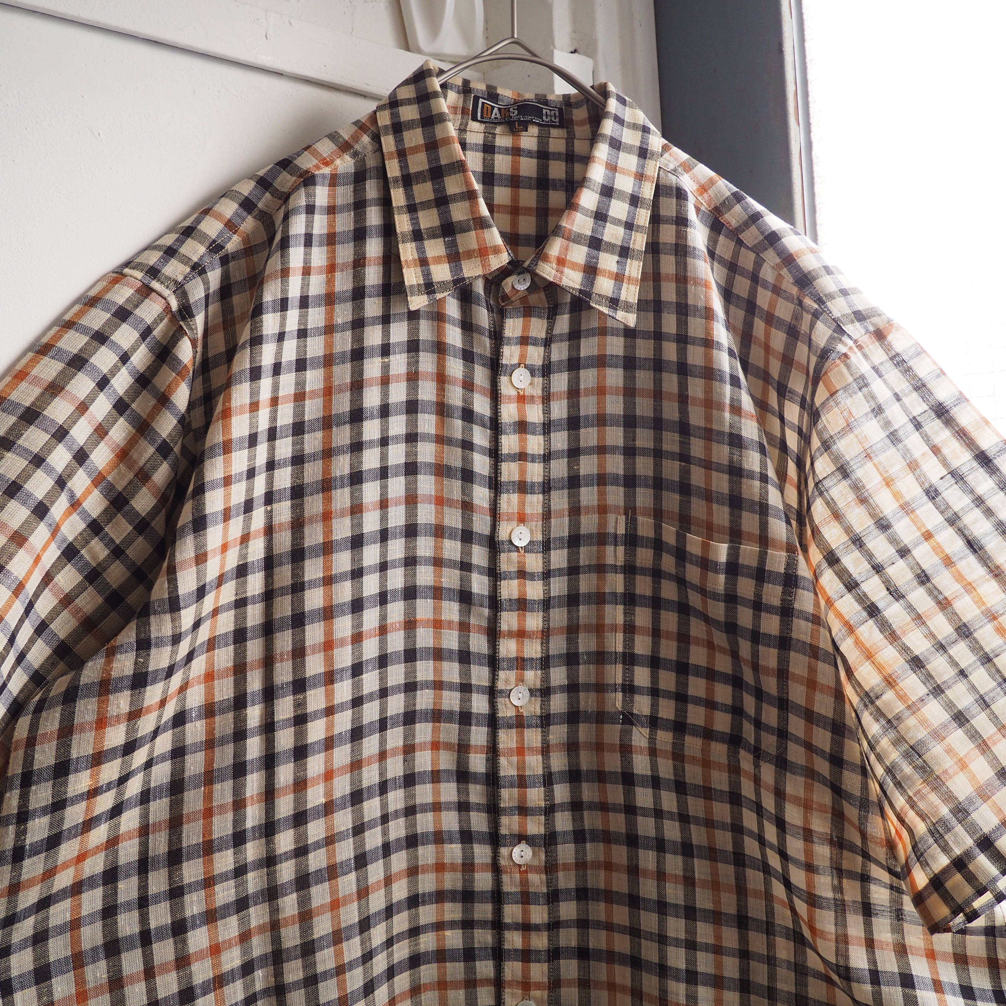 1980s ” Old DAKS ” House check pattern Design vintage loose linen mix shirt