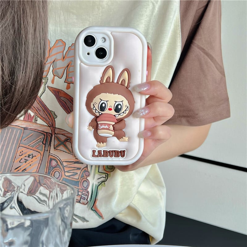 ピンク&ホワイト 立体ラブブ iPhoneケース 14Plus/13/15ProMax対応 耐衝撃 ソフトシリコン製 ふんわり可愛い labubu