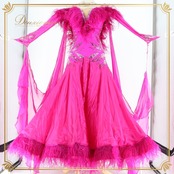 社交ダンス 衣装 The ONE ザワン スタンダードドレス ドレス ワンピース スタンダード フロート レース ファー フリル デモ 競技 ダンス パーティ 発表会 ピンク系 鮮やか 豪華 高級感 フォーマル ダンスイベント 競技会 衣装デザイン フェザー