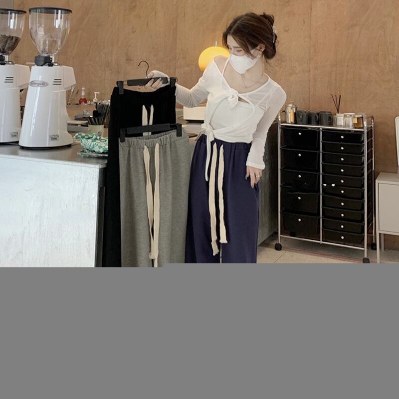 スプリングオータムブルーパンツ ハイウェストウェストカジュアル 春物 秋物 スーパーモール59789020317