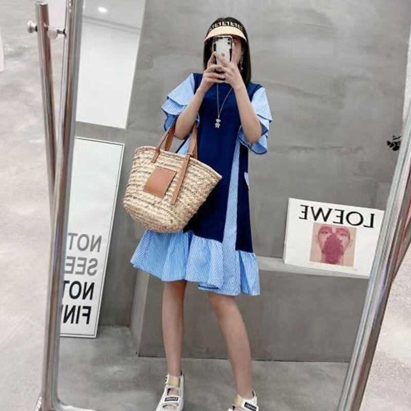 ラウンドネックストライプドレス スリムスカート 大きめサイズ 大人ガーリー スウィート キュート カジュアル Oネック ステッチ ミックスインファッション980273106