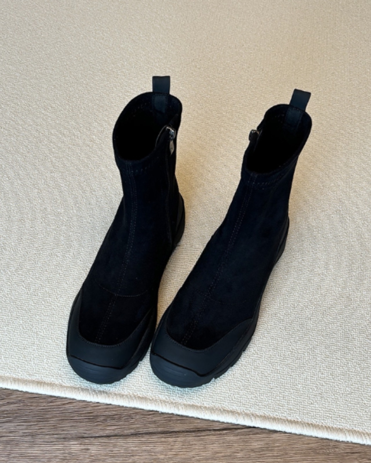 本革切替ストレッチ厚底ショートブーツ