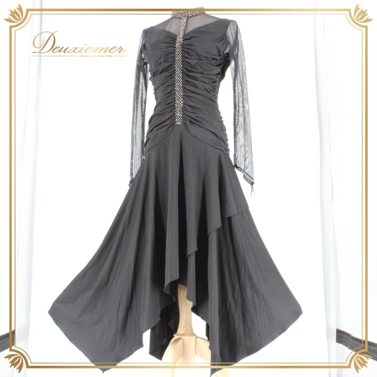 社交ダンス 衣装 スタンダード ドレス ワンピース パーティドレス レディース Fantasy 黒 ブラック系 ラインストーン レース 長袖 上品 スタンダードドレス フォーマル ワンピースドレス 社交ダンスワンピース 競技ダンス 黒レース ブラックレース ラインストーン装飾 ビジュー 光る ラメ風 きらきら クラシック 綺麗め 大人 シンプルエレガント ハイネック風 タイトスカート フレアスカート 膝丈ロング相当 ダンス衣装 9号 相当 ポリエステル混 着痩せ すっきり きれいシルエット