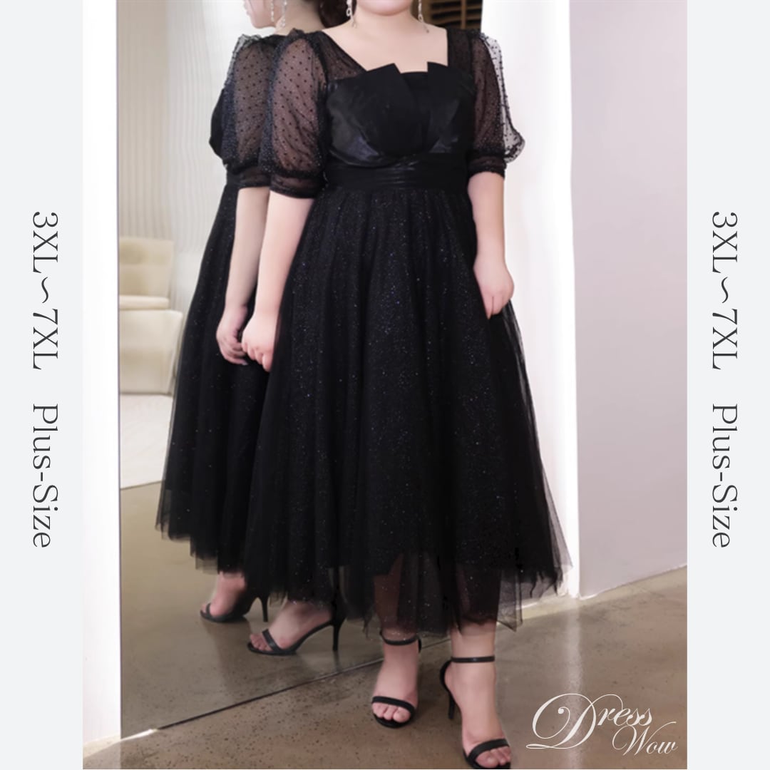 【3XL〜7XL】ヘムネックパフスリーブチュールドレス D1614